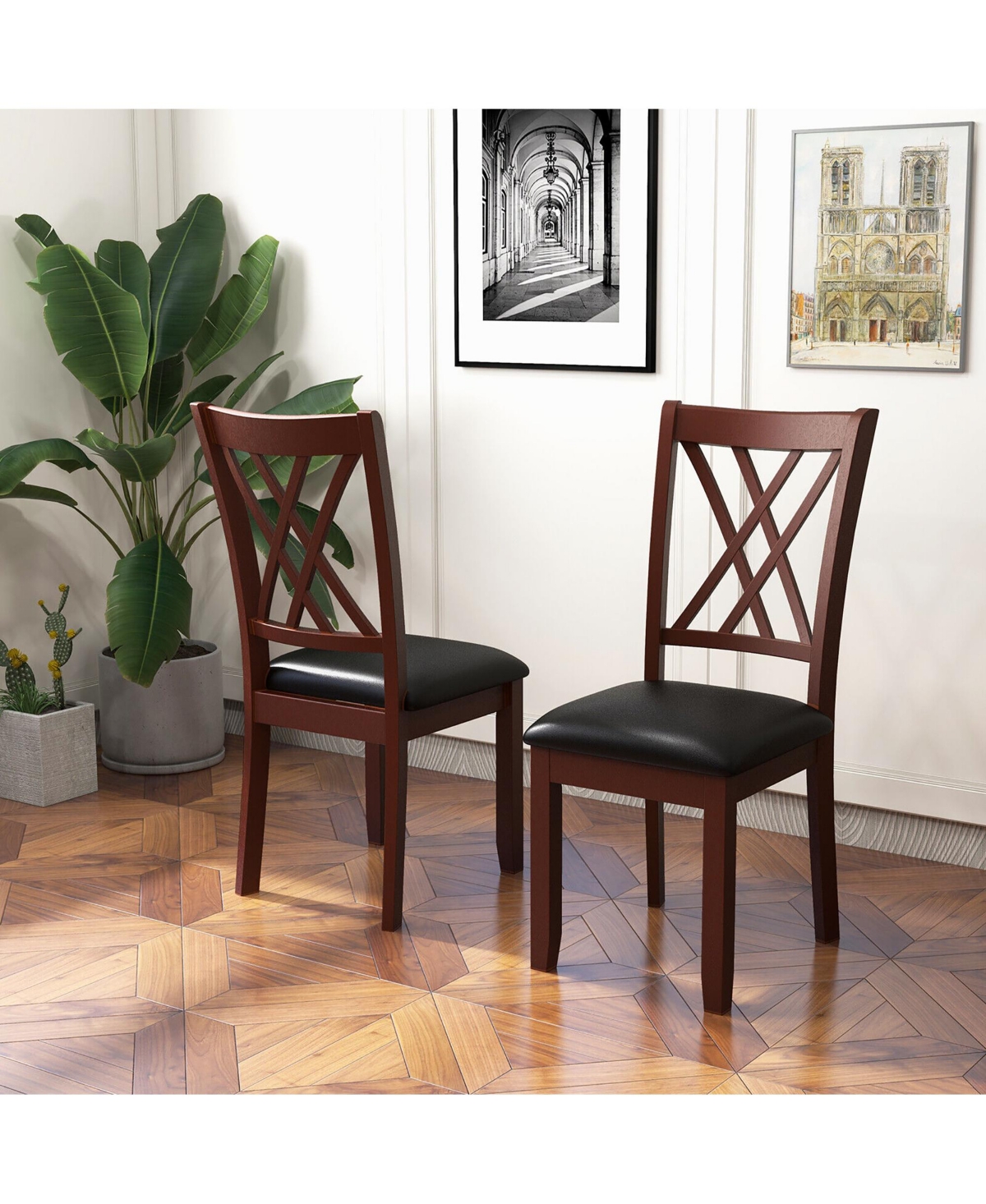 Gymax Set of 4 Dining Chair Kitchen Chair with Backrest Padded Seat & Rubber Wood Legs - Brown + black