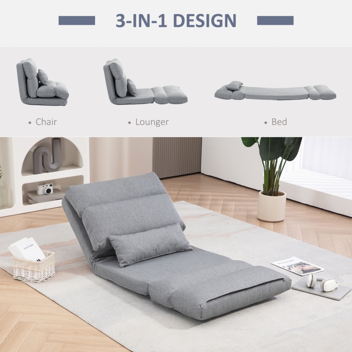 Streamdale Furniture Folding Floor Chair, Convertible Lazy Sofa Bed, Floor Couch with 6-Position Adjustable Backrest and Pillow for Reading, Gaming, M