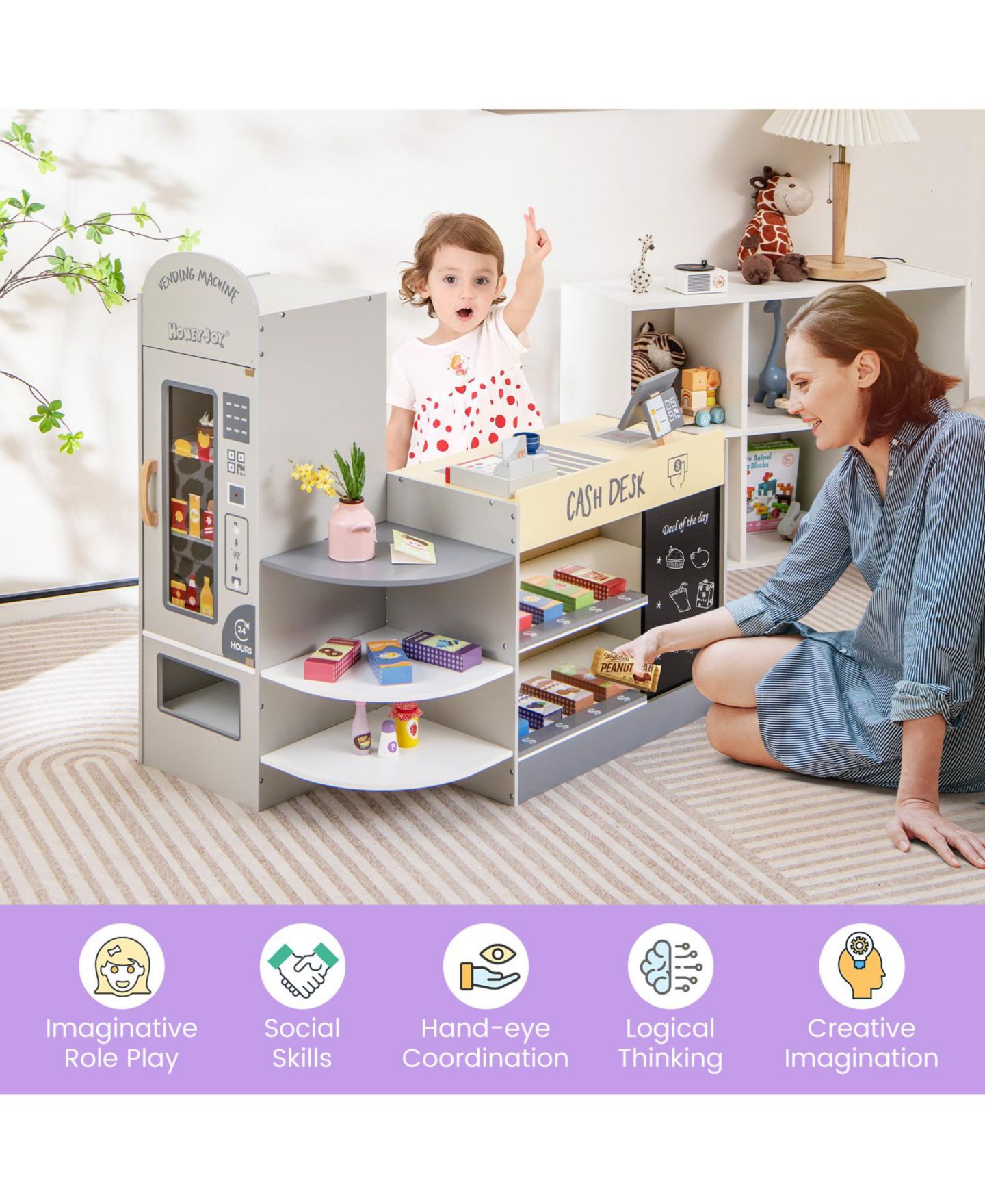 Детский игровой набор HONGGE Kids Wooden Grocery Store Playset with Cash Register and POS Machine — фото 8