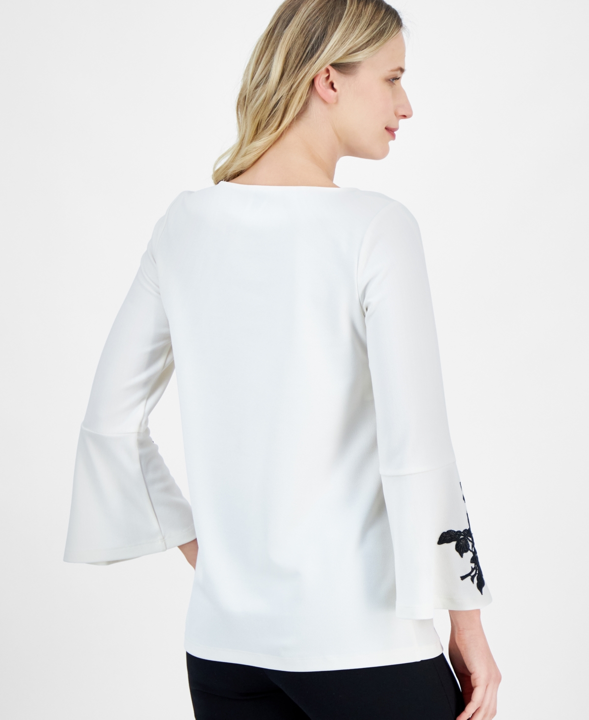 Anne Klein Petite Floral Bell-sleeve Boat-neck Tunic In White Dove