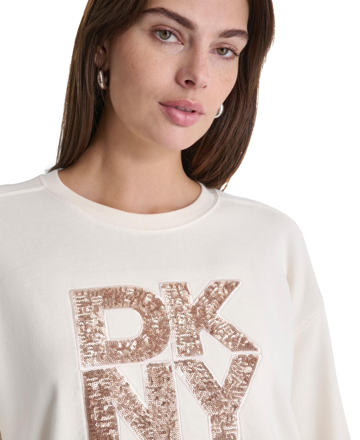 Dkny Jeans Women's Sequin Applique Satin Stitch Stack Logo Cotton Sweatshirt -light Gold