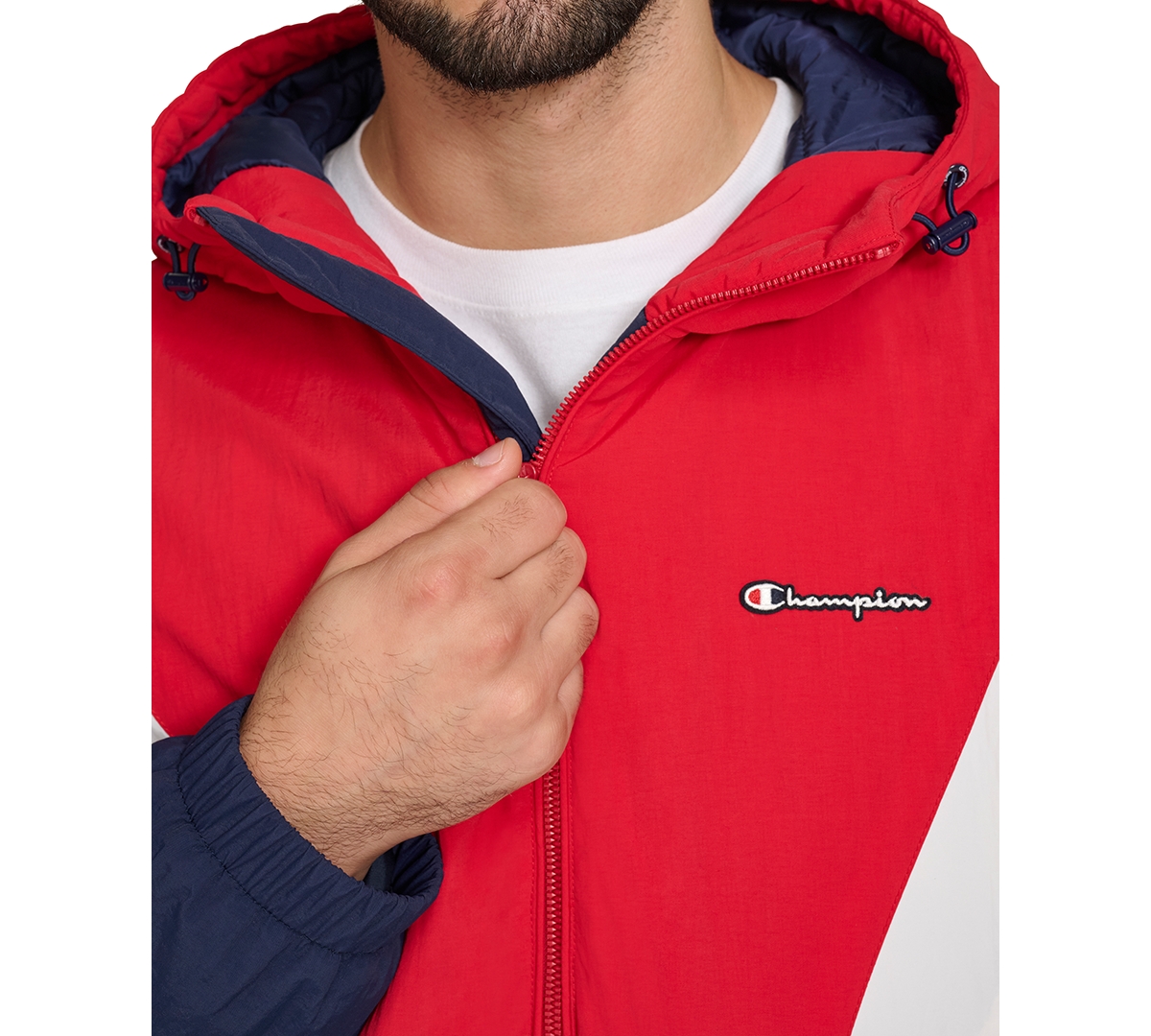 Men s Retro Taslon Color Block Performance Hooded Jacket In Midnight ice red Combo