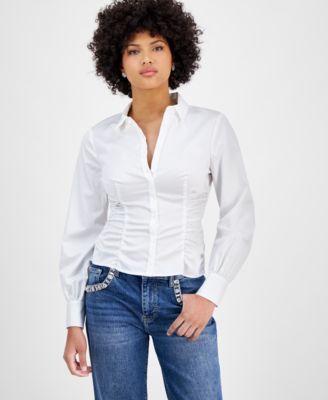 GUESS - Women's Nicole Ruched Fitted Satin Blouse