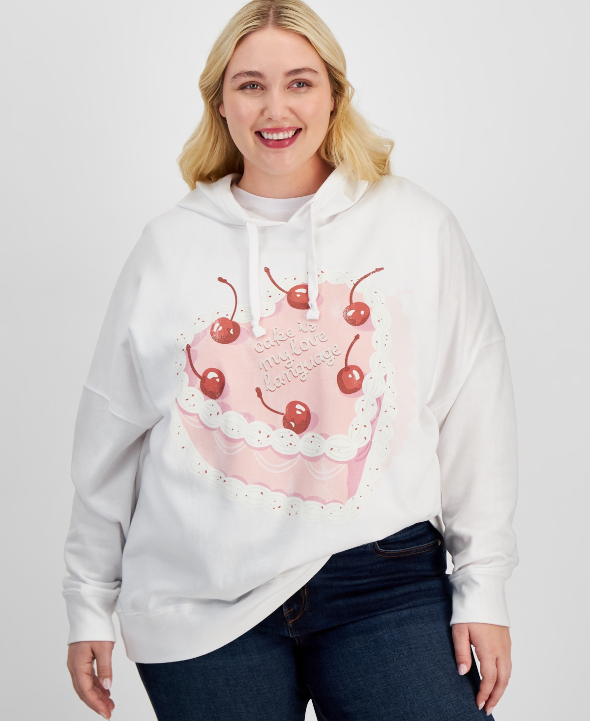 Trendy Plus Size Hooded Dropped-Shoulder Cake Sweatshirt - White