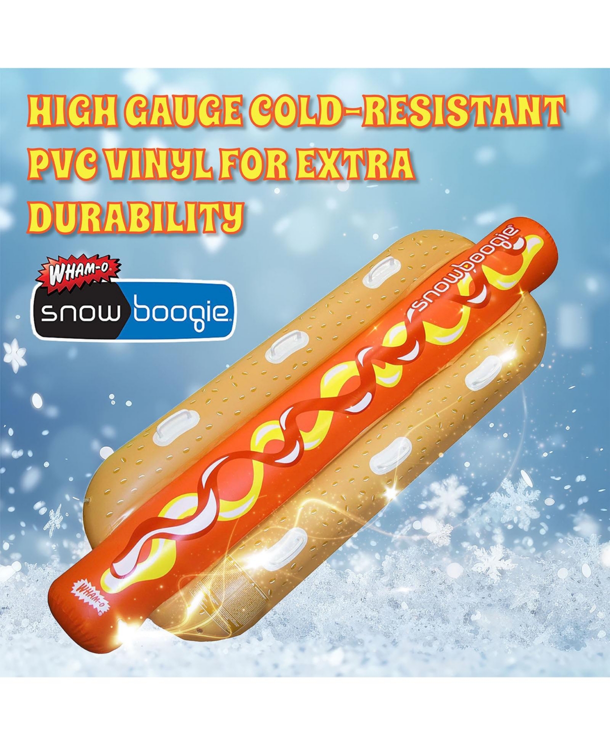Wham-o Snowboogie Hot Dog Snow Tube, 3-Person Inflatable Snow Tube with Reinforced Handles, Durable Pvc Vinyl Snow Tube for Winter Snow Sledding S