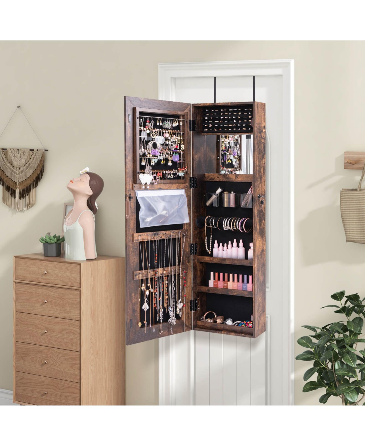 Costway Led Mirror Jewelry Cabinet Wall/Door Mounted Armoire 3 Color