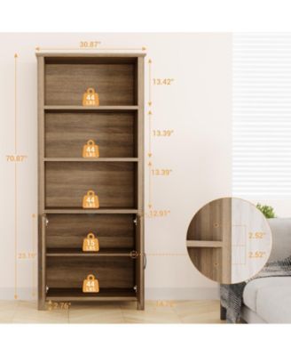 Farmhouse 5-Tier Bookshelf with Doors - Wooden Storage Bookcase with Adjustable Shelves for Living Room, Bedroom, Kitchen, and Dining Room