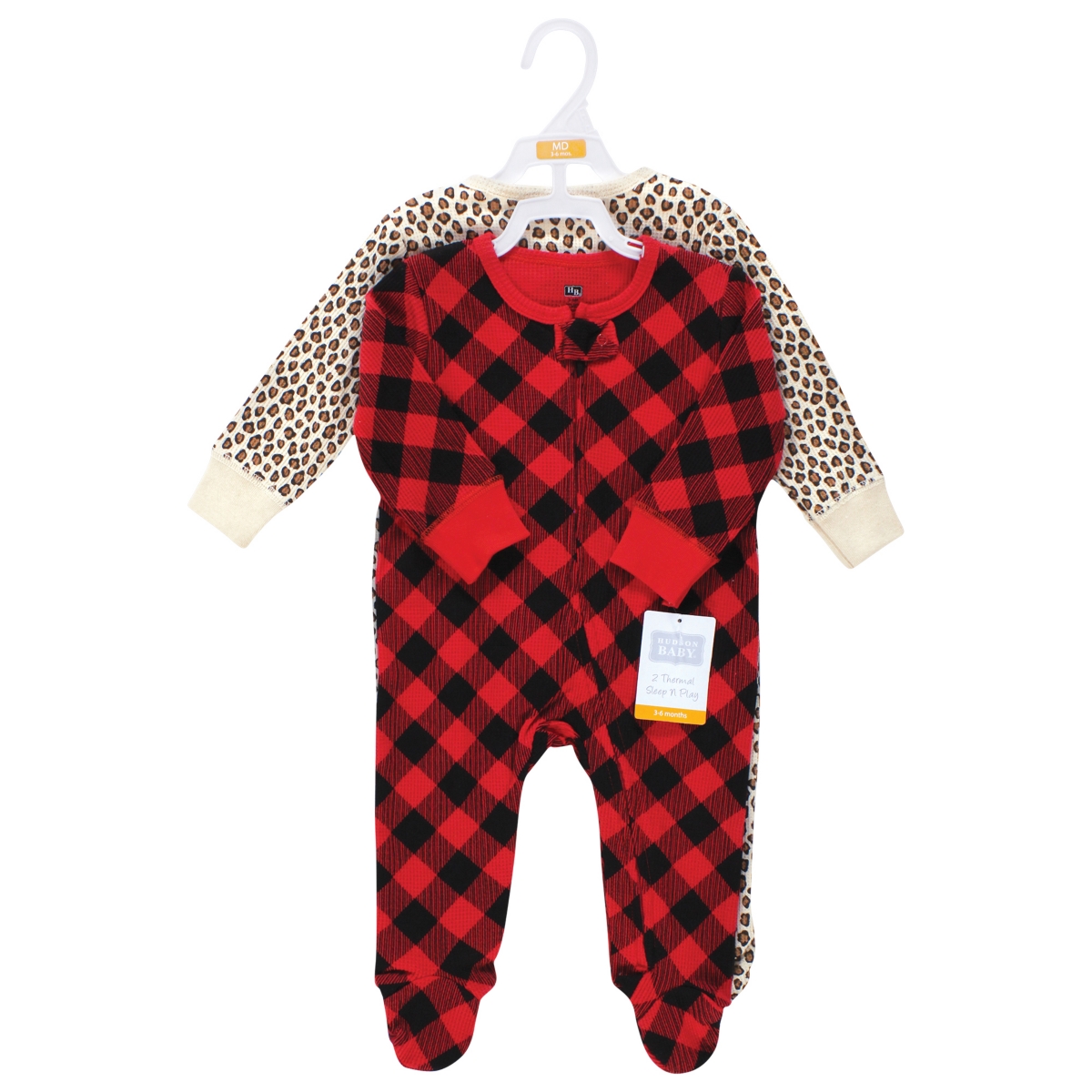 Hudson Baby Baby Girls Thermal Zipper Sleep and Play 2pk, 0-3 Months - Buffalo plaid leopard