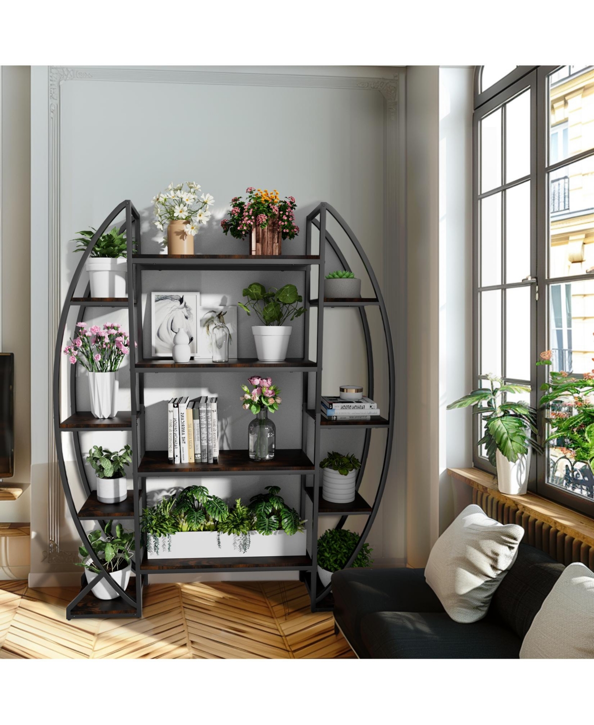 Unho Industrial Curved Oval Bookshelf Metal Multi-tiered Flower Pot Rack Garden Stand - Black  brown