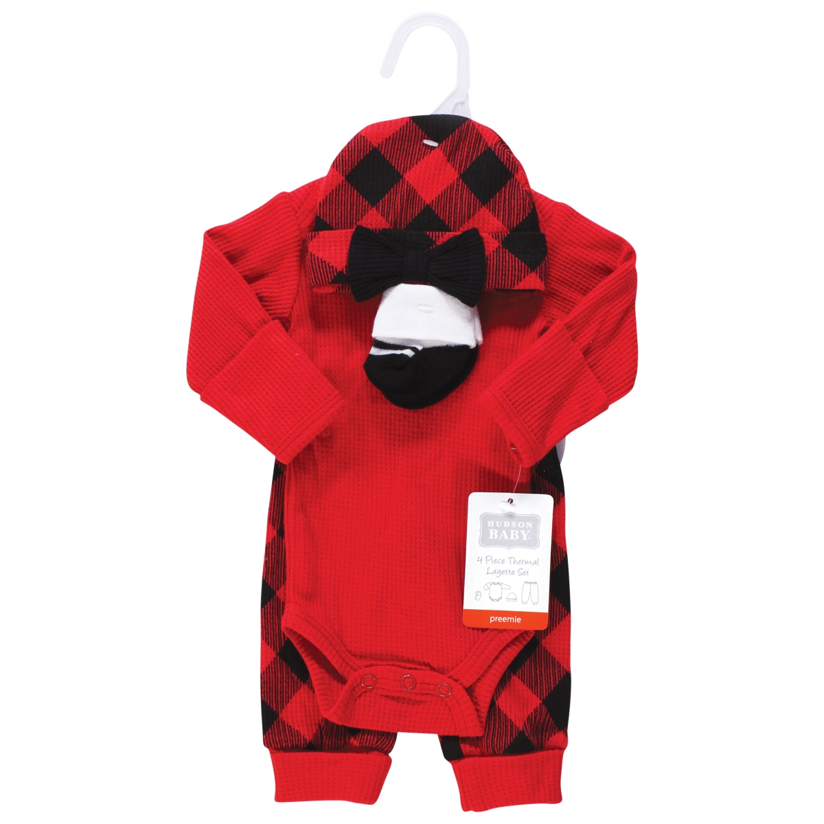 Hudson Baby Baby Girls Thermal Preemie Layette Set 4pc Long Sleeve Outfit Buffalo Plaid, Preemie