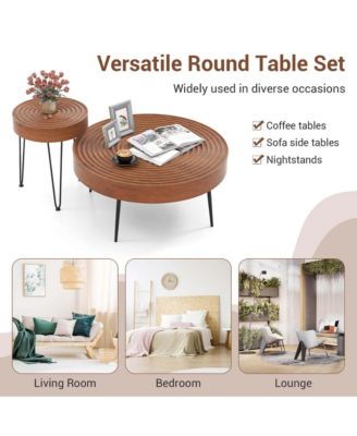 Farmhouse Round CoffeeTable Set of 2 End Table Natural Finish for Living Room