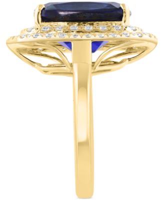 EFFY&reg; Cushion-Cut Lab Grown Blue Sapphire (6-5/8 ct. t.w.) & Lab Grown Diamond (1-1/10 ct. t.w.) Double Halo Ring in 14k Yellow Gold