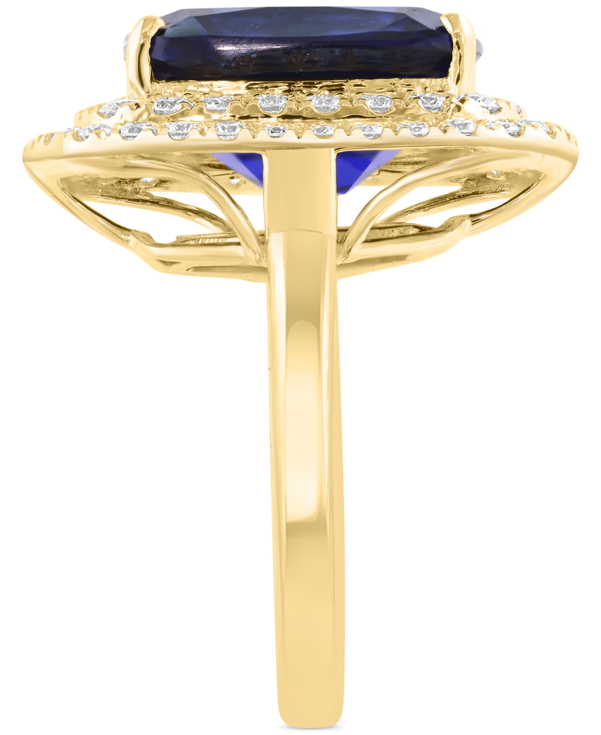 Effy Cushion-Cut Lab Grown Blue(6-5/8 ct. t.w.) & Lab Grown Diamond (1-1/10 ct. t.w.) Double Halo Ring in 14k Yellow Gold - Sapphire