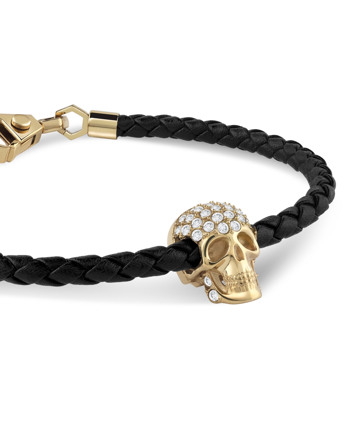 Philipp Plein Men's Enigma Crystal Skull Black Leather Bracelet In Gold Ion-plated Stainless Steel In Gold