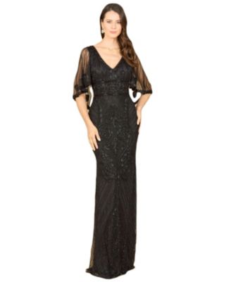 Women's Cape Sleeve V-Neck Beaded Gown