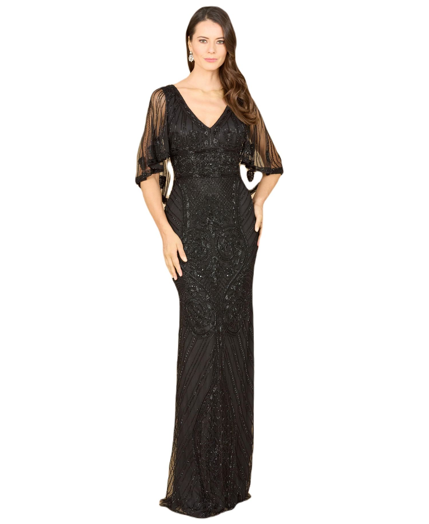 Women's Cape Sleeve V-Neck Beaded Gown