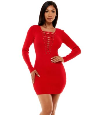Bebe Women's Plunge Neck Lace Up Sweater, Red, Medium - Macy's