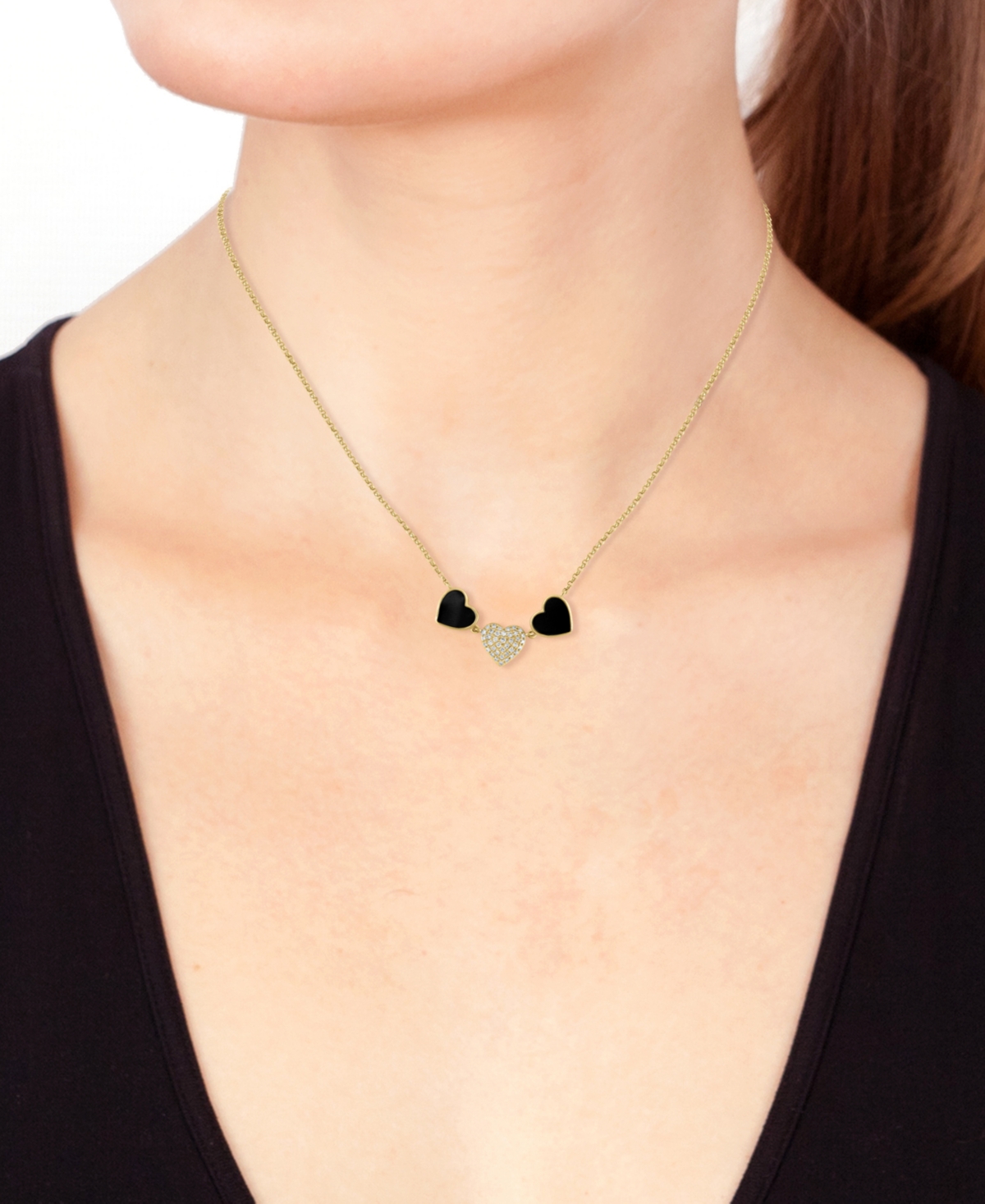 EFFY COLLECTION EFFY ONYX & DIAMOND (1/10 CT. T.W.) HEART COLLAR NECKLACE IN 14K GOLD, 18" + 1" EXTENDER 