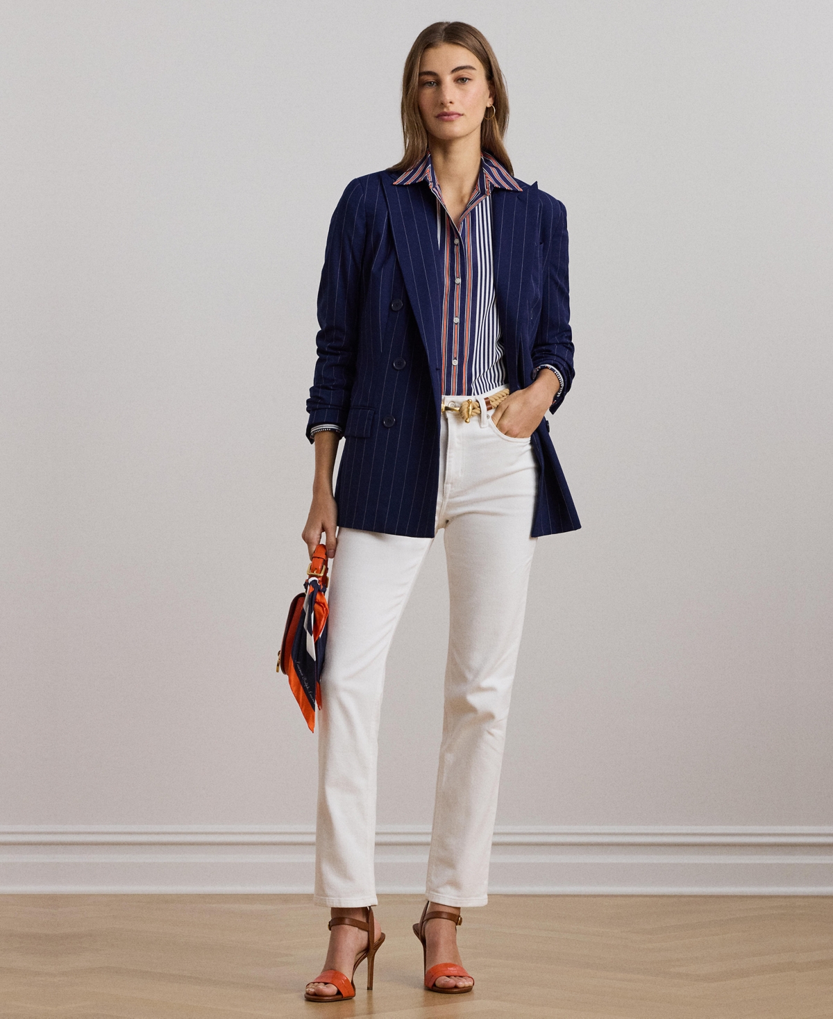 Lauren Ralph Lauren Women's Pinstripe Double-Breasted Twill Blazer -White