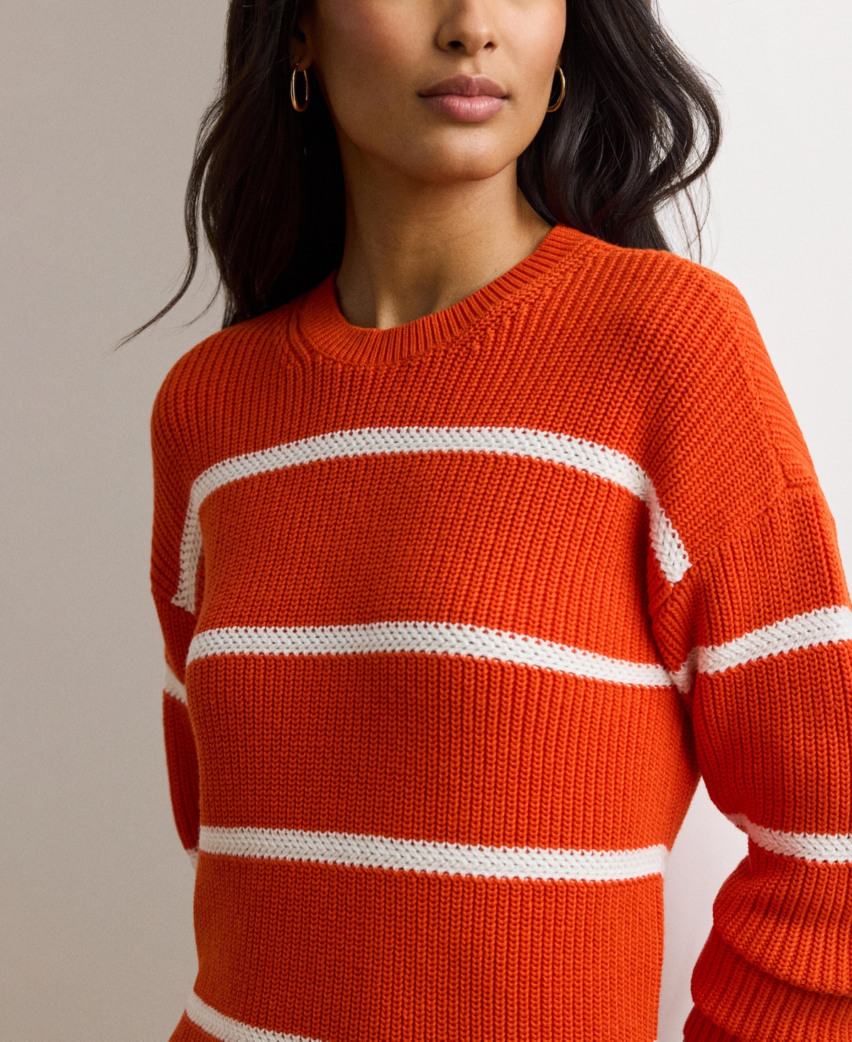 Lauren Ralph Lauren Women's Striped Rib-Knit Cotton Crewneck Sweater -White