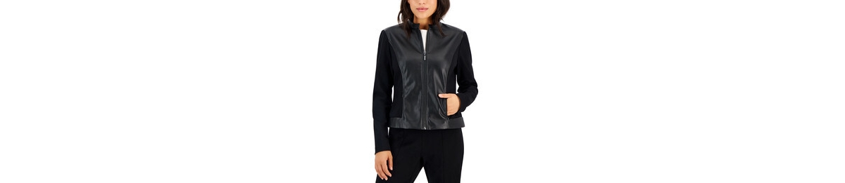 Ak Anne Klein Women's Compression Mixed Media Zip Up Jacket In Black