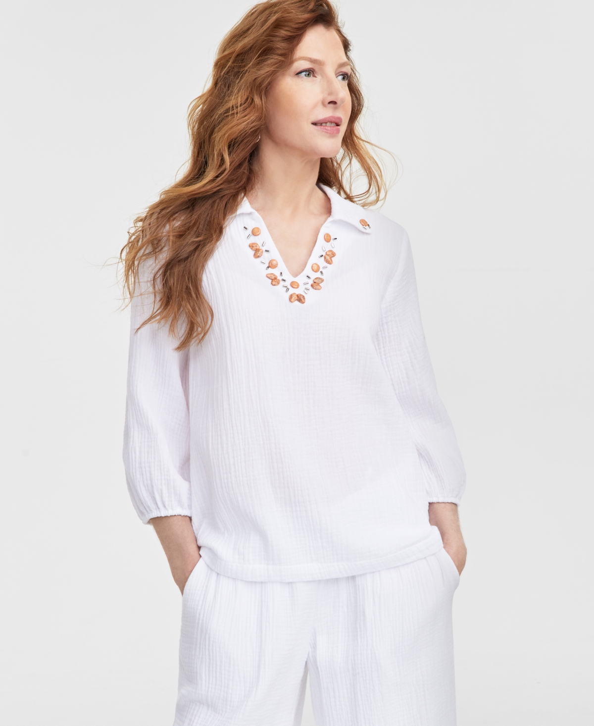 Jm Collection Petite Cotton Gauze Embellished-neck Top, Exclusively At Macy's In Bright White