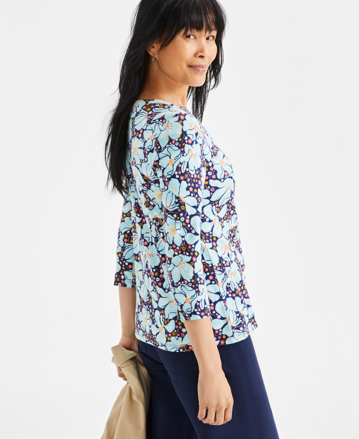 Style & Co Women's Printed Pima Cotton 3/4-Sleeve Top, Exclusively at Macy's