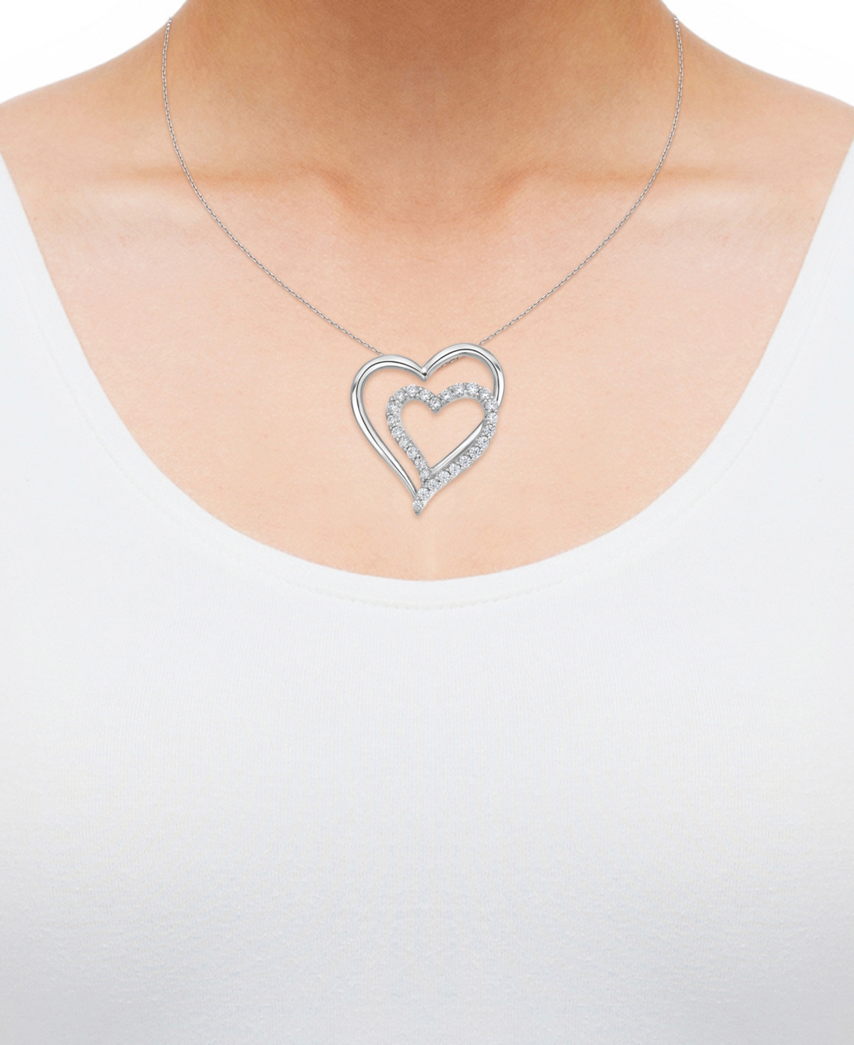 Macy's Diamond Double Heart 18" Pendant Necklace (1/2 Ct. T.w.) In Sterling Silver In Sterling Silver