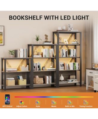 4 Tier Bookshelf with LED Lights, Bookcase with Open Display Shelves, Wood and Metal Standing Bookshelf