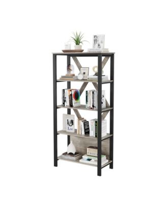 5 Tier Bookshelf with LED Lights, Bookcase with Open Display Shelves, Wood and Metal Standing Bookshelf