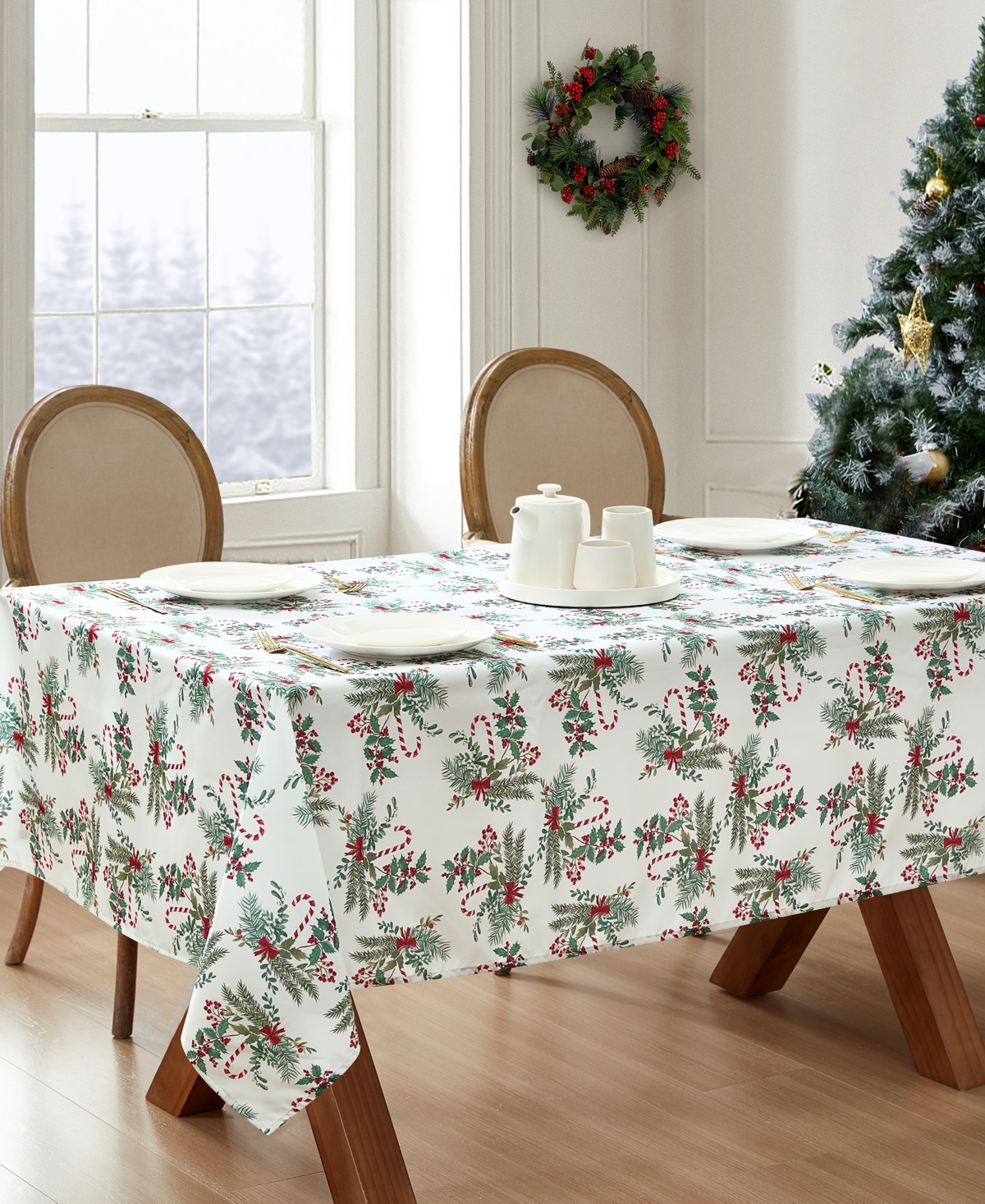 Laura Ashley Easy Care Holiday Tablecloth, 60" X 102" In Candy Cane