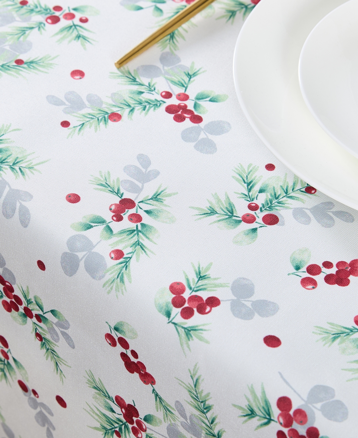Laura Ashley Easy Care Holiday Tablecloth, 70" Round In Holly Berry
