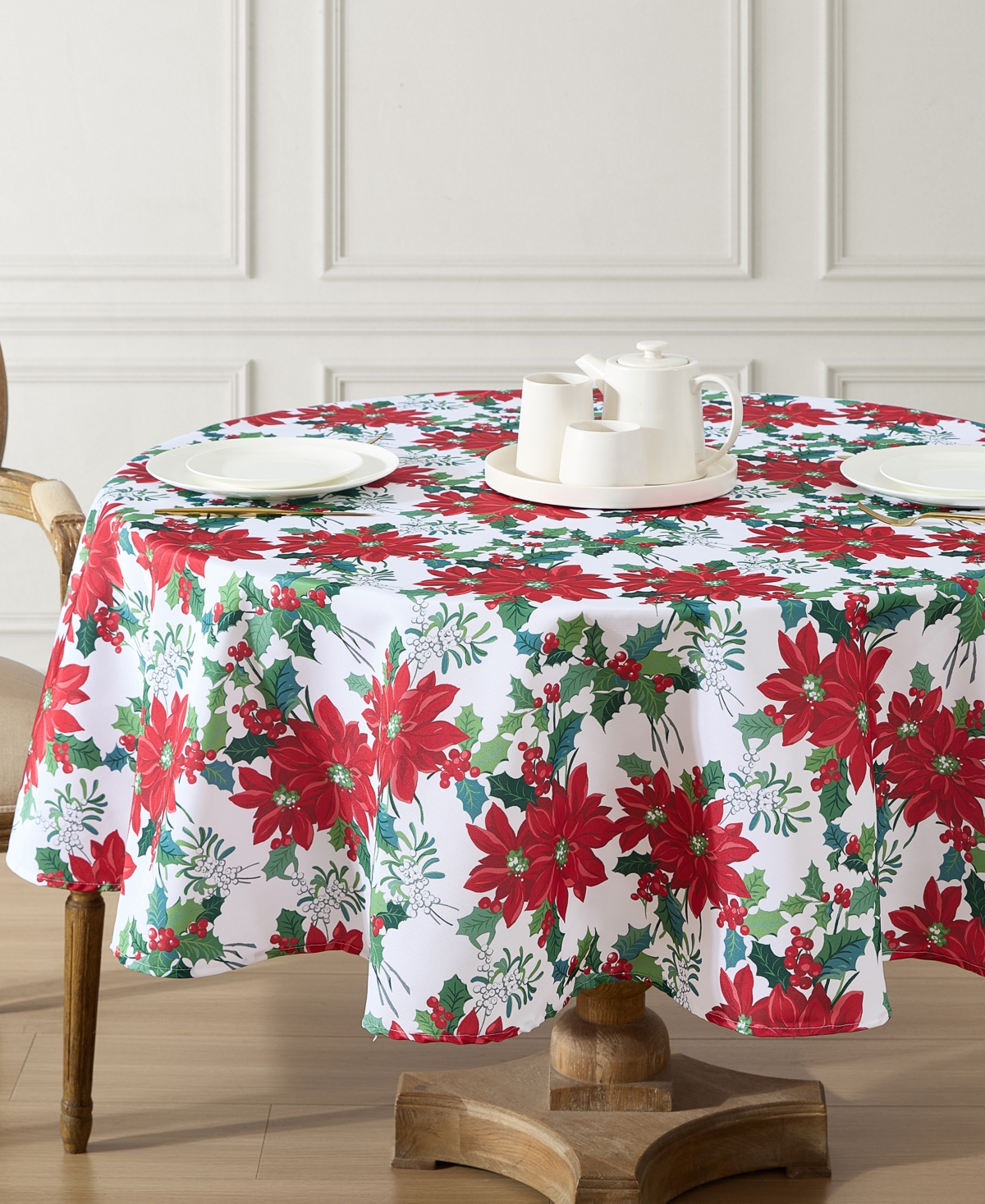 Laura Ashley Easy Care Holiday Tablecloth, 70" Round In Christmas Floral