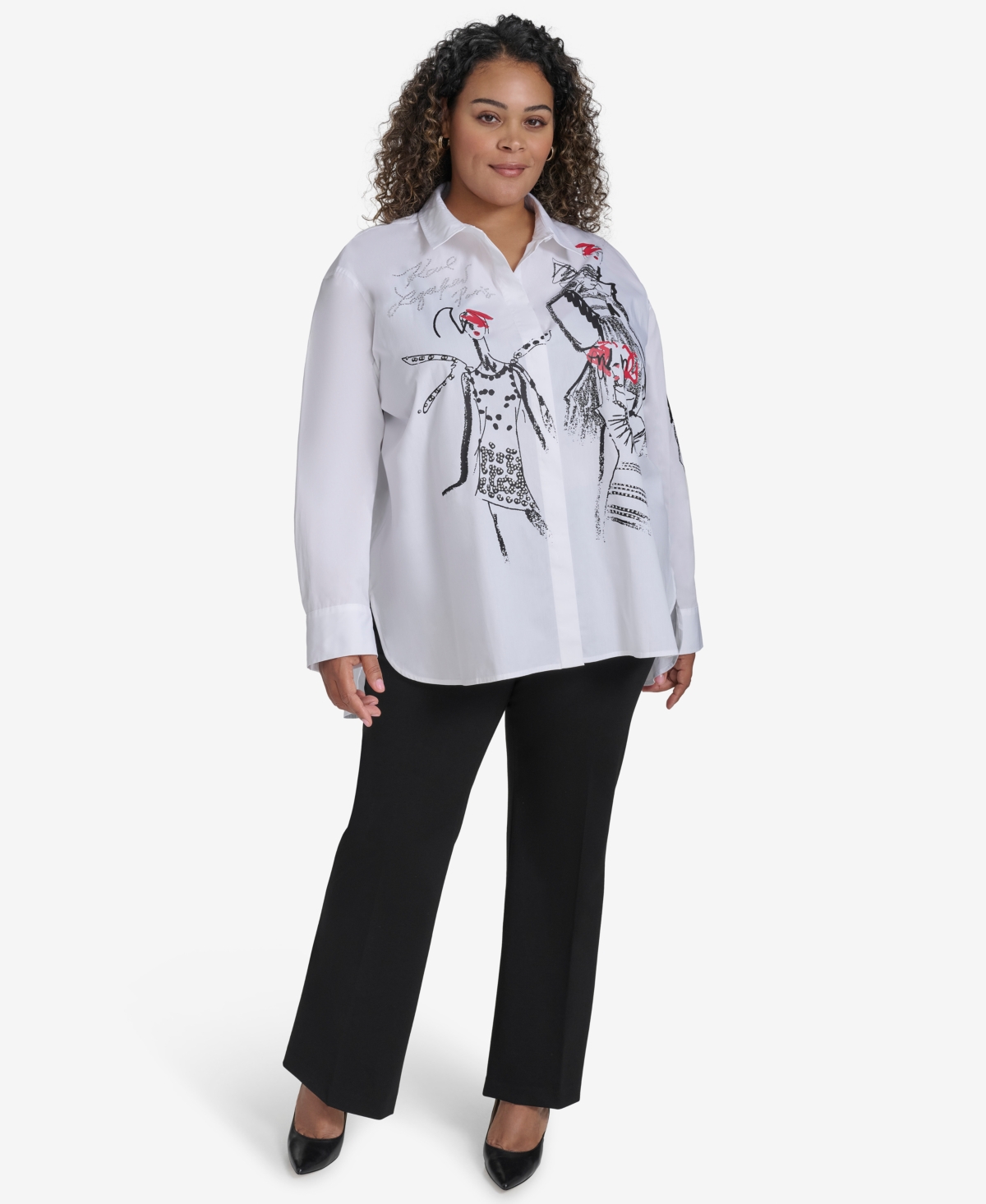 KARL LAGERFELD PLUS SIZE SKETCH GIRL EMBELLISHED PRINTED COTTON BUTTON-FRONT SHIRT, EXCLUSIVELY AT MACY'S 