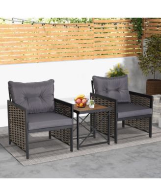 3 Piece Patio Rattan Furniture Set with Acacia Wood Tabletop