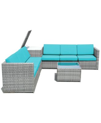 8 Piece Wicker Sofa Rattan Dinning Set Patio Furniture with Storage Table