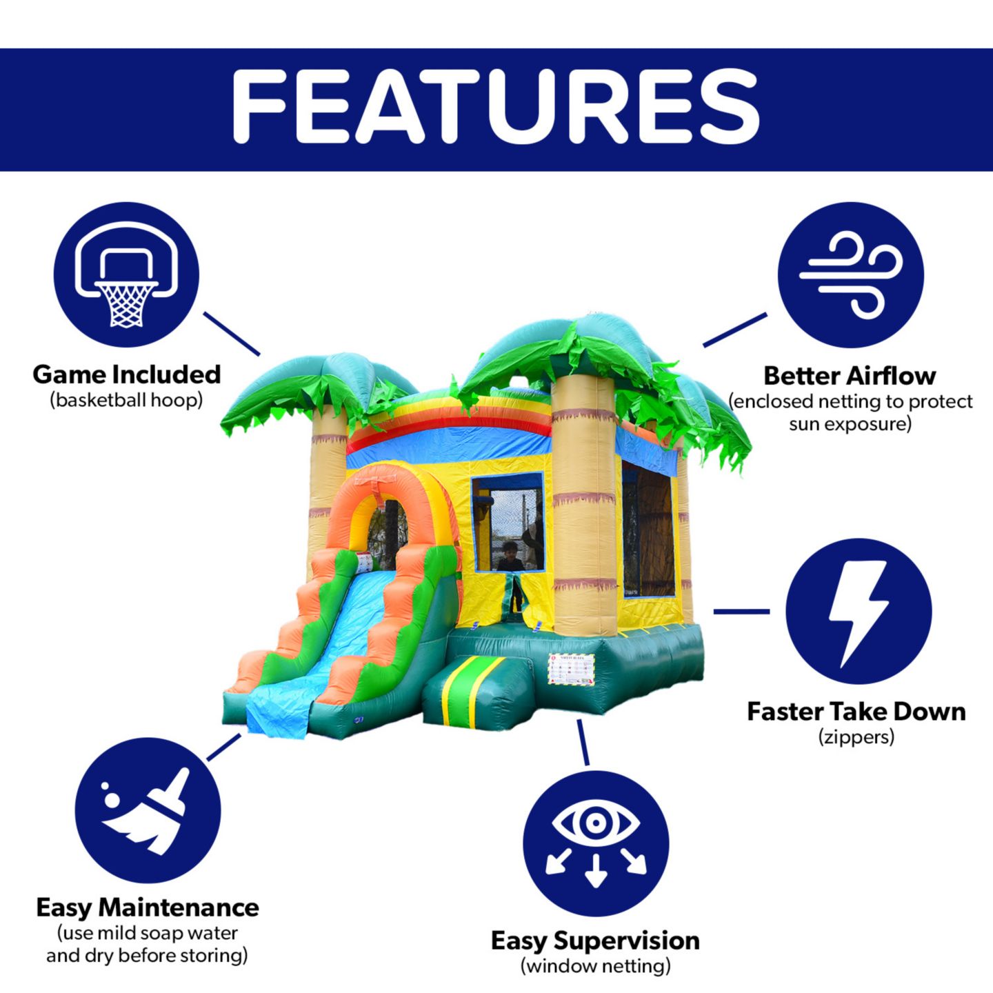 Детская игрушка HERO Kiddo Tropical Breeze Commercial Bounce House with Slide & Blower, Basketball Hoop, all Season Wet/Dry, Indoor/Outdoor, цвет: Оранжевый — фото 5