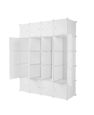 20-Cube Stackable Plastic Organizer Shelves, Multifunctional Modular Closet Cabinet with Hanging Rod in White