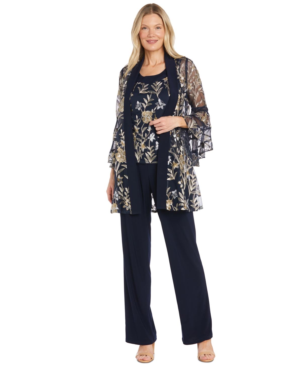 R & M Richards Women's 2-pc. Embroidered Illusion-sleeve Top & Pants Set In Navy,gold