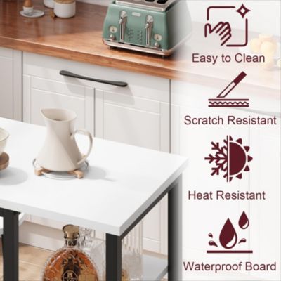 Bar Table and Stools for 2 with 3 Storage Shelves, Modern White Faux Marble Table with 2 PU Cushion Bar Stools