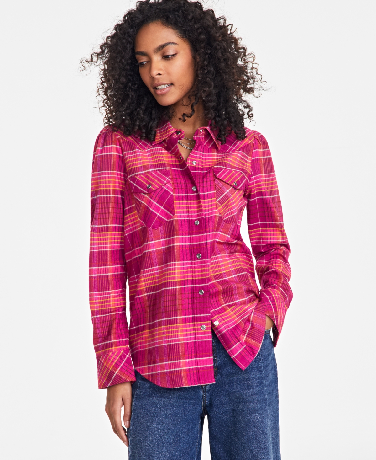 ON 34TH WOMEN'S PLAID PUFF SLEEVE FLANNEL SHIRT, EXCLUSIVELY AT MACY'S 