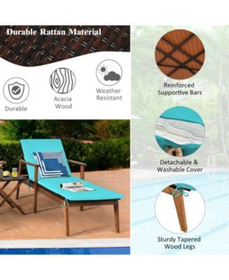 3 Pieces Portable Patio Cushioned Rattan Lounge Chair Set with Folding Table