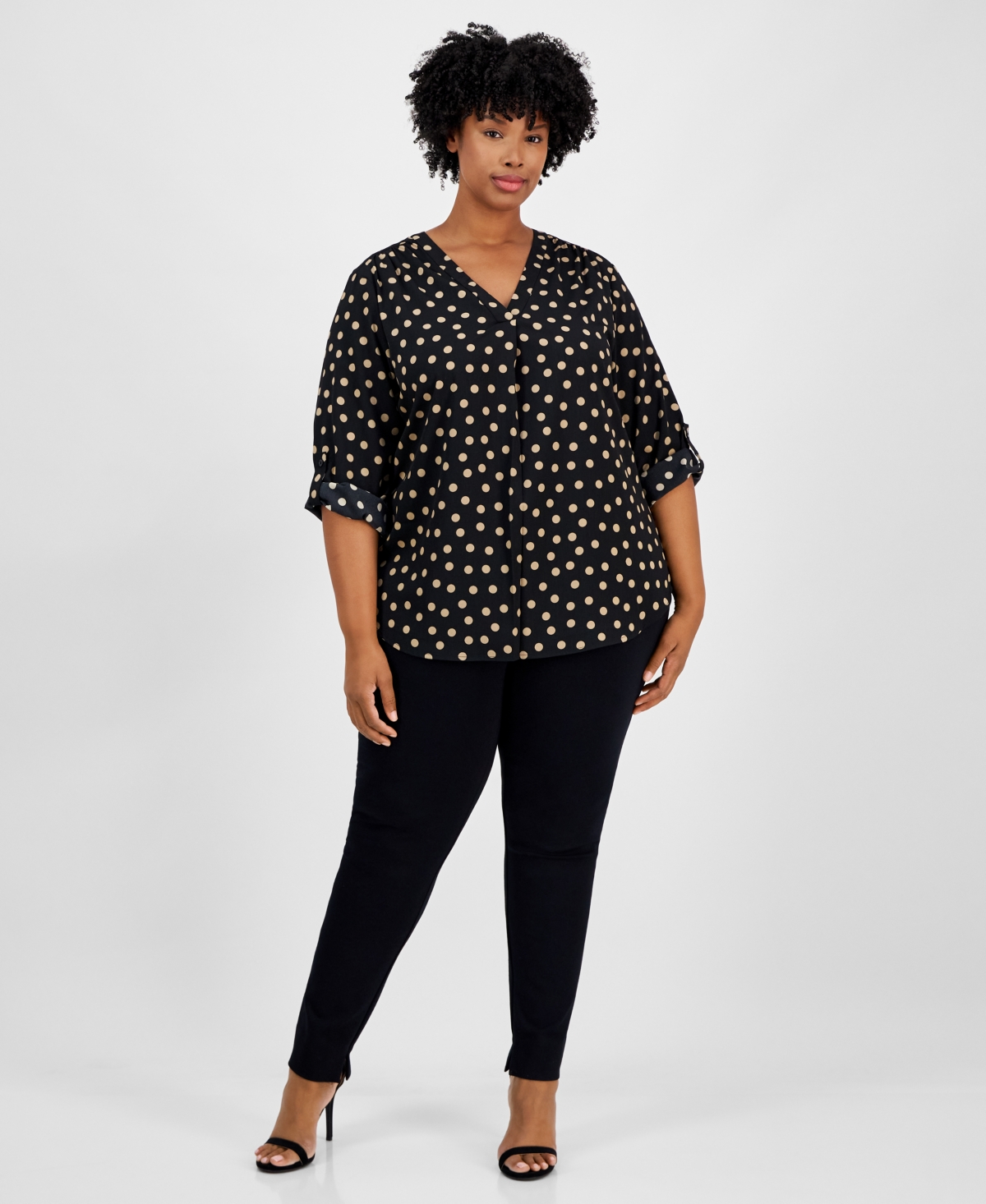 AK ANNE KLEIN PLUS SIZE PRINTED ROLL-TAB-SLEEVE TUNIC 