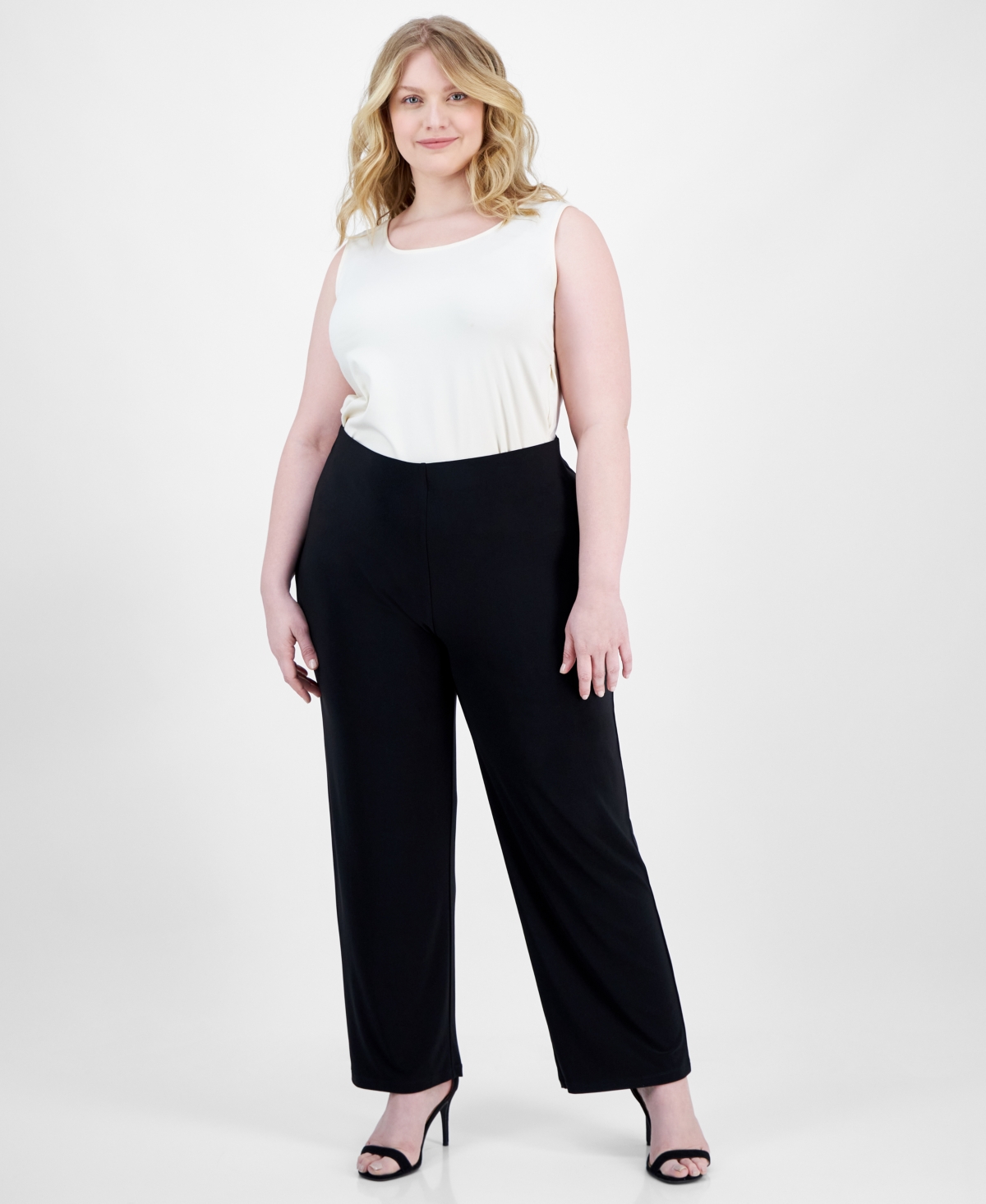 Ak Anne Klein Petite Solid Wide-leg Pull-on Knit Pants In Anne Black