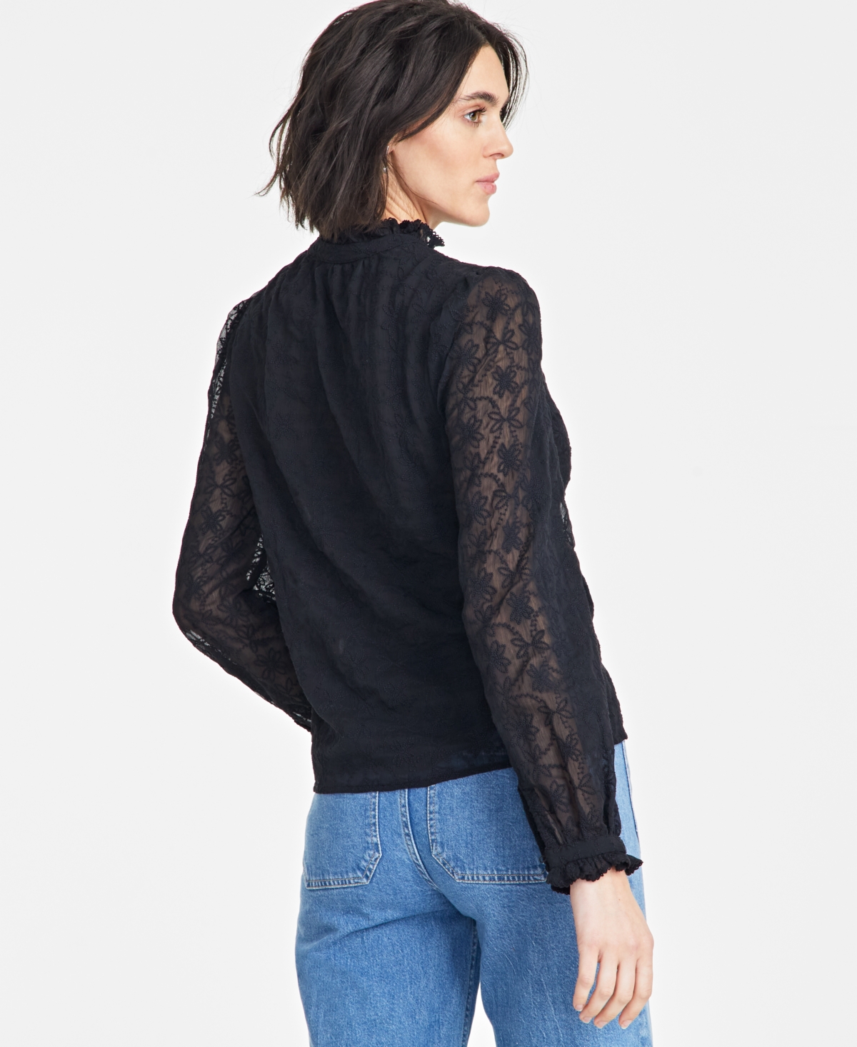 On 34th Women's Embroidered Chiffon Ruffled-neck Top, Exclusively At Macy's In Deep Black