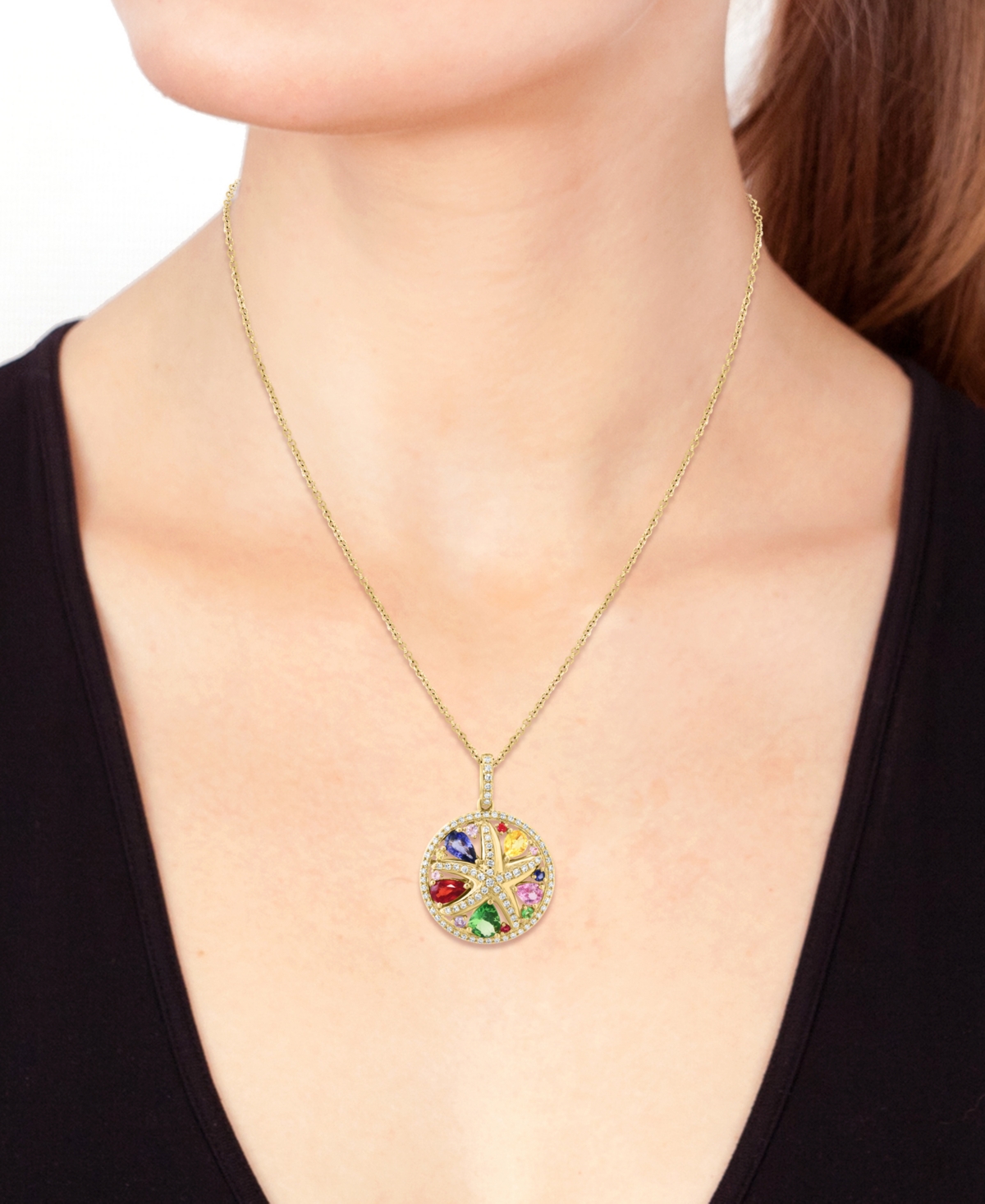 EFFY COLLECTION EFFY MULTI-GEMSTONE (1-1/4 CT. T.W.) & DIAMOND (1/4 CT. T.W.) STARFISH PENDANT NECKLACE IN 14K GOLD, 