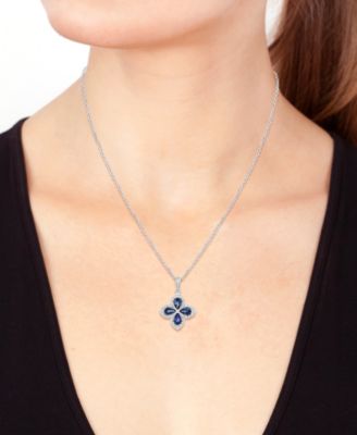 EFFY&reg; Sapphire (7/8 ct. t.w.) & Diamond (1/5 ct. t.w.) Flower Pendant Necklace in 14k White Gold, 18" + 1" extender