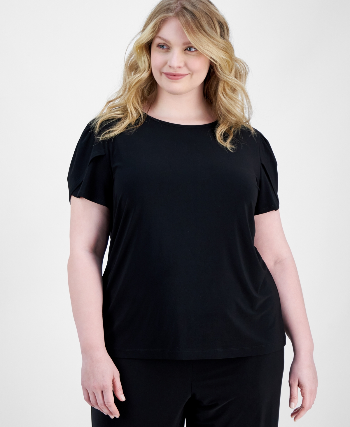 Plus Size Solid Tulip-Sleeve Crewneck Top - Anne Black