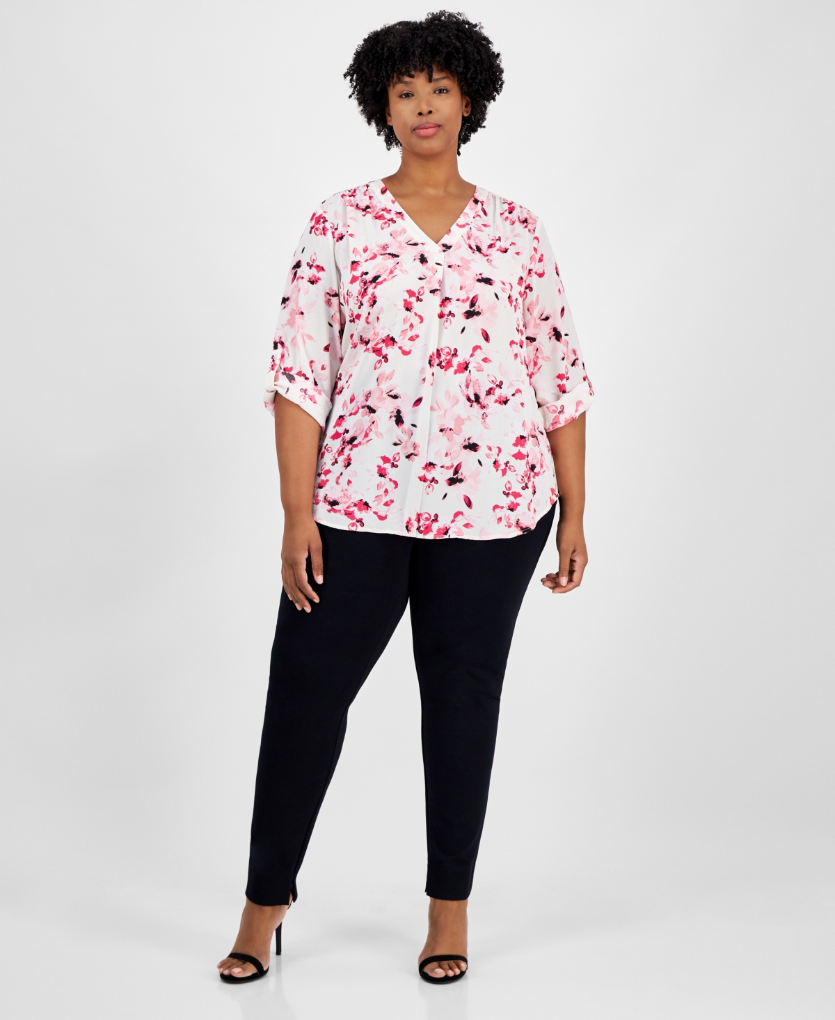 AK ANNE KLEIN PLUS SIZE PRINTED ROLL-TAB-SLEEVE TUNIC 