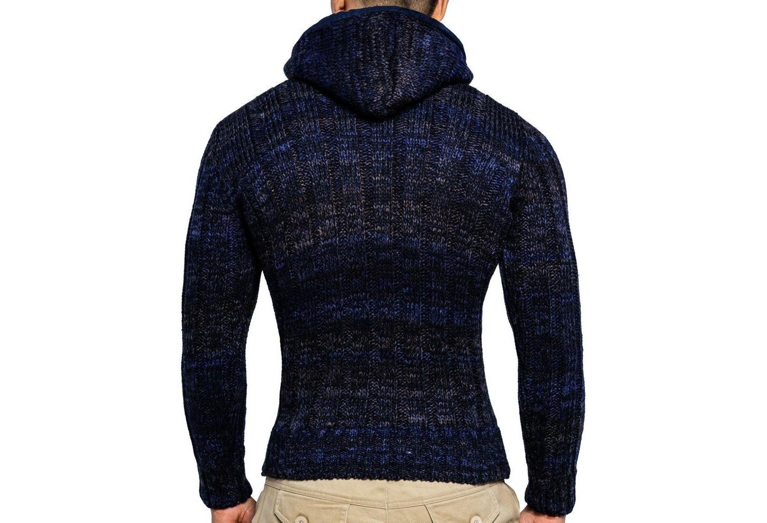 Men's Knit Zip-up Jacket With Geometric Patterns and Leather Accents